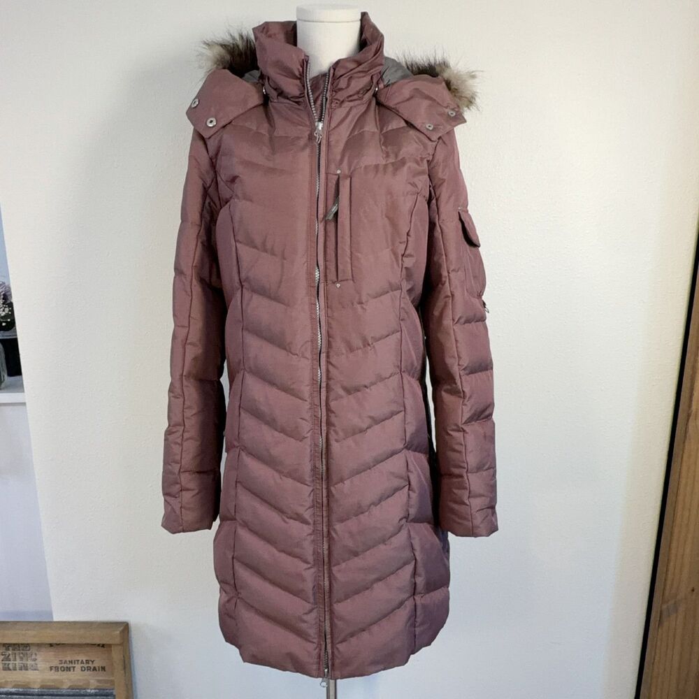 Eddie Bauer Long Down Parka Coat Womens M  Dusty Rose Hooded Faux Fur Trim